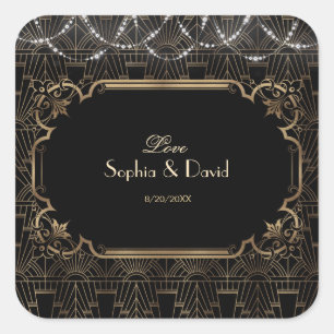 Chic Black Gold Great Art Deco 20s Wedding Square Sticker