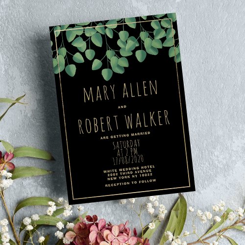 Chic black gold green eucalyptus greenery wedding invitation