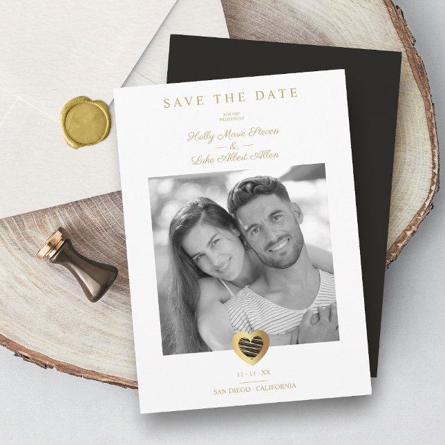 Chic Black & Gold Heart Photo Couple Wedding Save The Date (Creator Uploaded)
