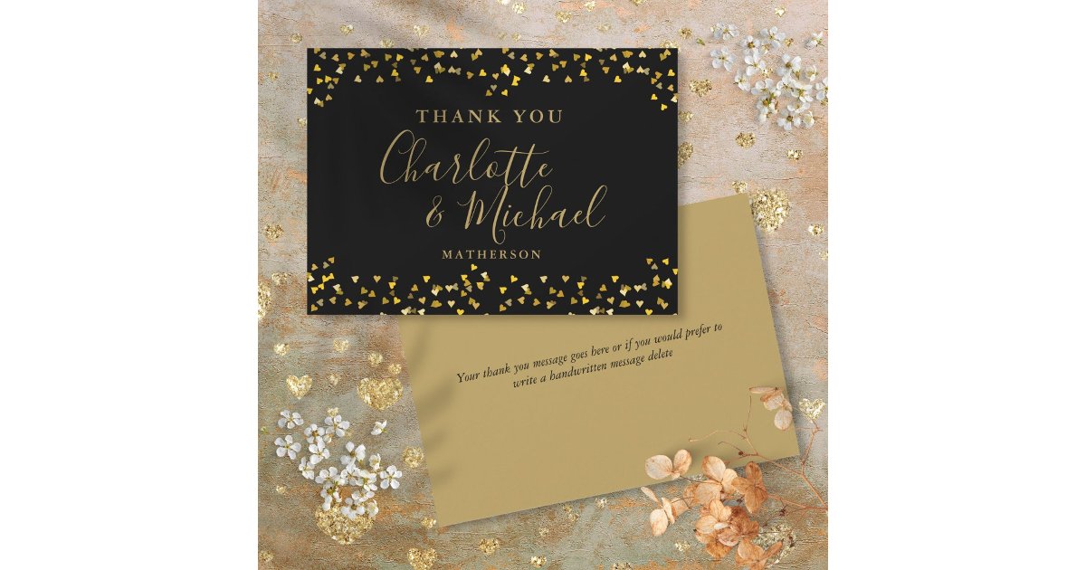 Chic Black Gold Hearts Confetti Signature Script Thank You Card | Zazzle