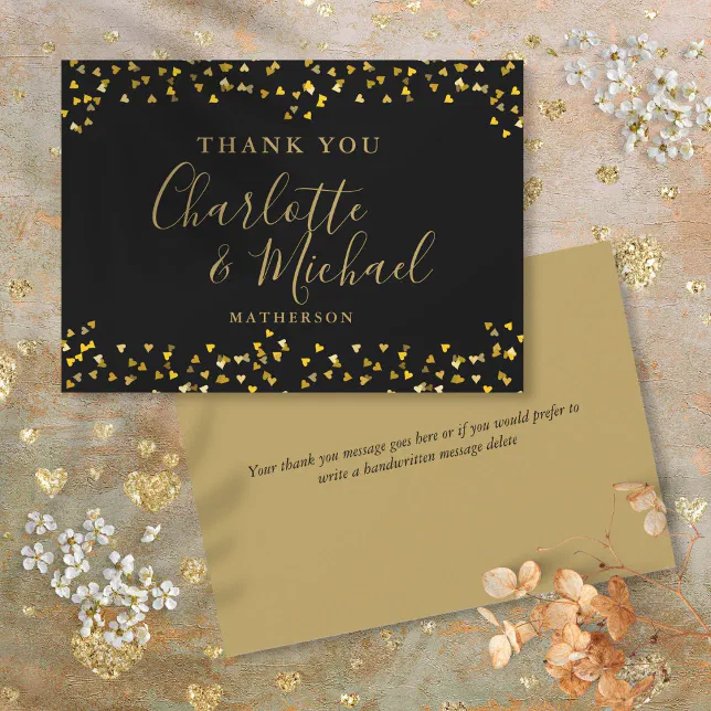Chic Black Gold Hearts Confetti Signature Script Thank You Card | Zazzle