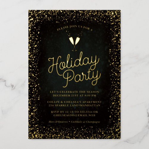 Chic Black  Gold Holiday Party Foil Invitation