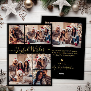 Chic Black Gold Joyful Wishes Script 5 Photo Holiday Card