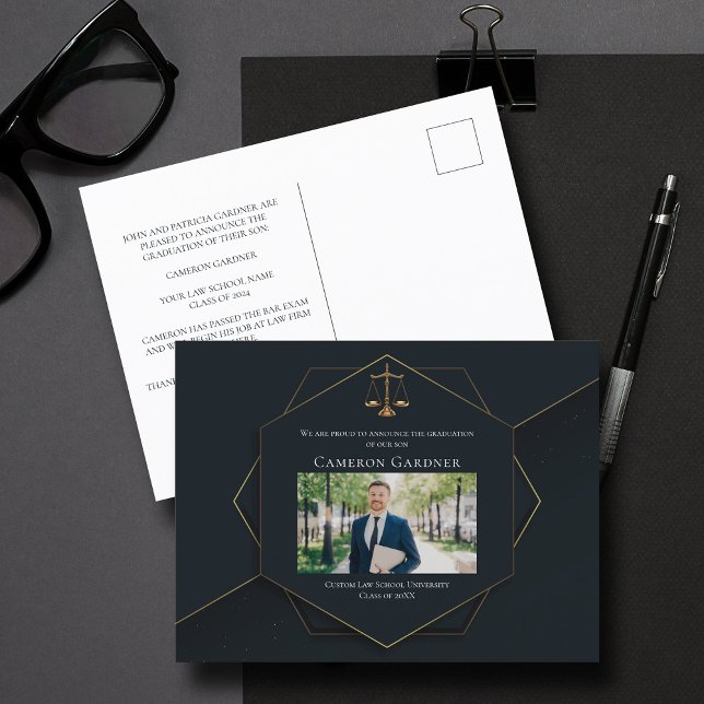Chic Black Gold Law School Photo Graduation Announcement Postcard (Creator Uploaded)