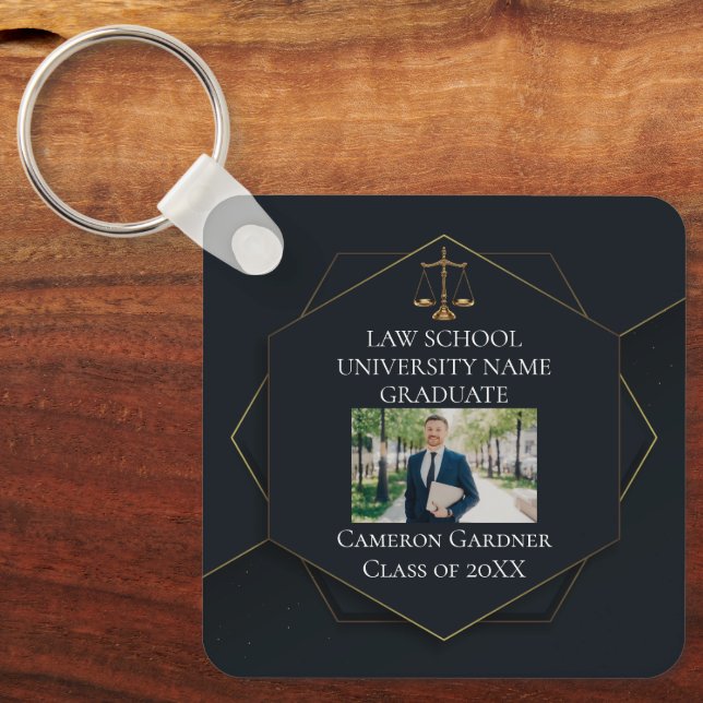 Chic Black Gold Law School Photo Graduation Gift Keychain (Front)