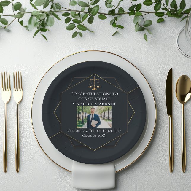 Chic Black Gold Law School Photo Graduation Party Paper Plates (Creator Uploaded)