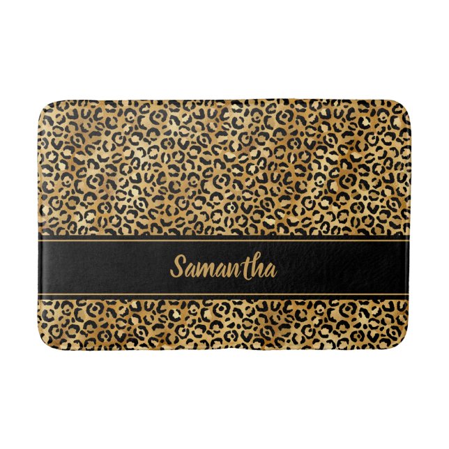 Chic Black Gold Leopard Print Personalized Bath Mat (Front)