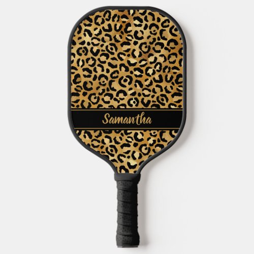 Chic Black Gold Leopard Print Personalized Pickleball Paddle