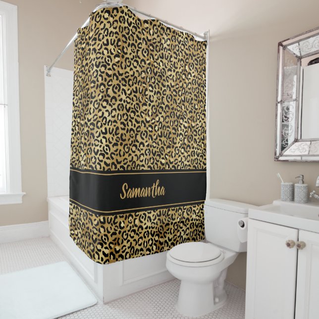 Chic Black Gold Leopard Print Personalized Shower Curtain (In Situ)