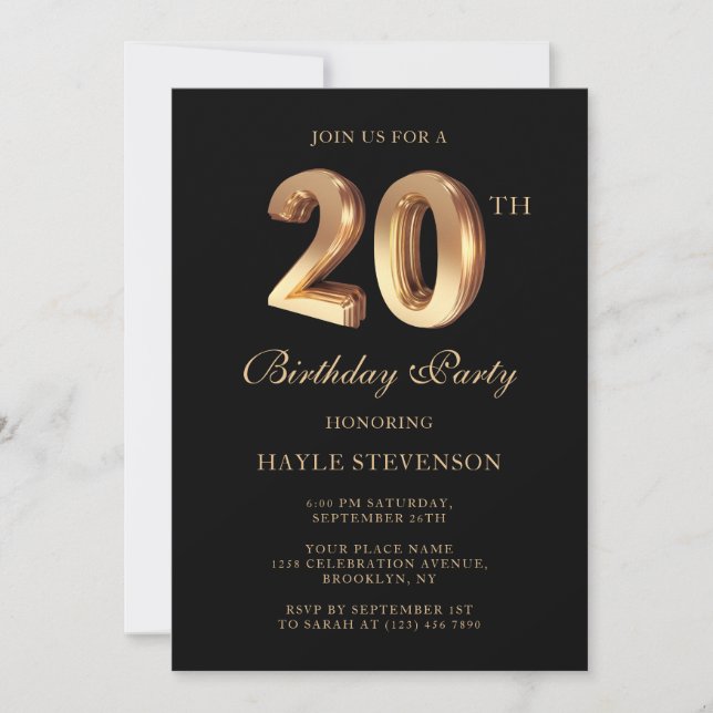 Chic Black & Gold Luxury Stylish 20th Birthday Invitation (Front)