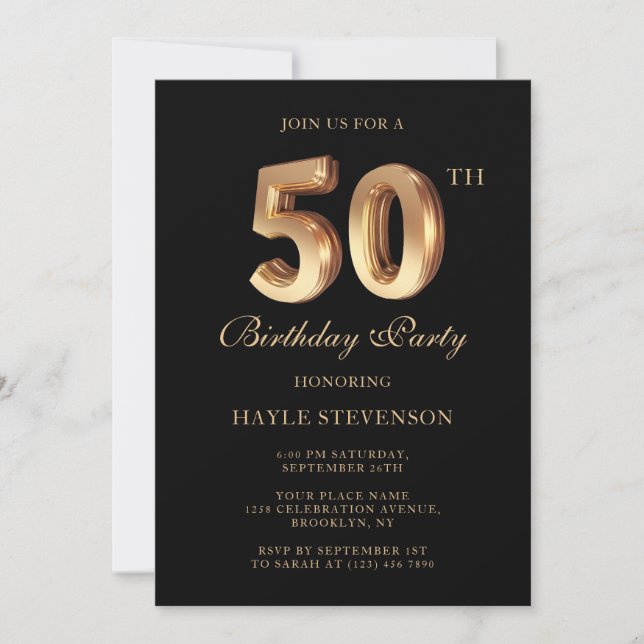 Chic Black & Gold Luxury Stylish 50th Birthday Invitation (Front)