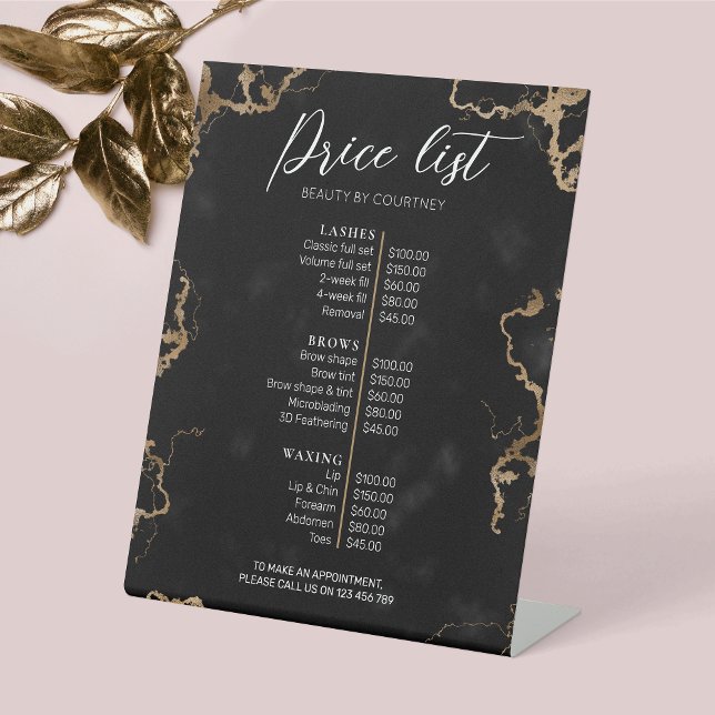 Chic Black & Gold Marble Lashes Salon Price List Pedestal Sign (Elegant Black & Gold Marble Business Price List with fully editable text)