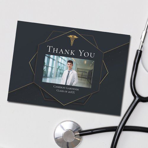 Chic Black Gold Medical School Photo Graduation Thank You Card