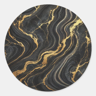 Chic Black & Gold Metallic Marble Look Glamour Classic Round Sticker