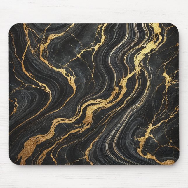 Chic Black & Gold Metallic Marble Look Glamour Mouse Pad (Front)