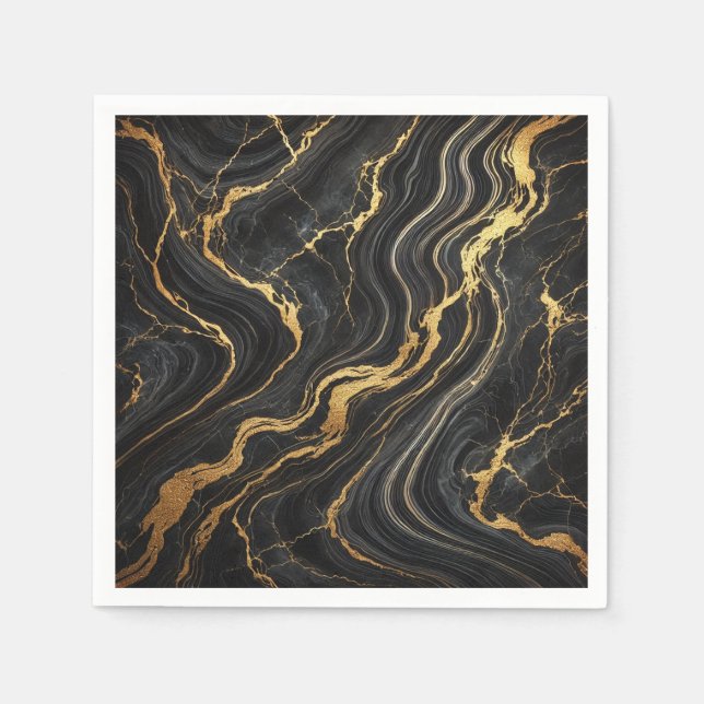Chic Black & Gold Metallic Marble Look Glamour Napkins (Front)
