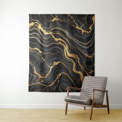 Chic Black  Gold Metallic Marble Look Glamour Tapestry