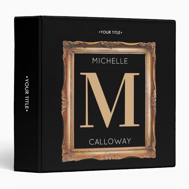 Chic Black & Gold Monogram 3 Ring Binder (Front/Spine)
