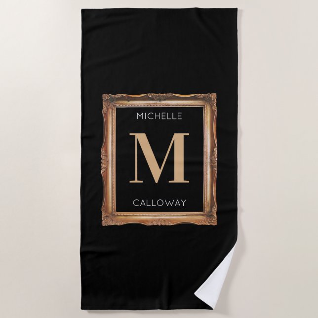 Chic Black & Gold Monogram Beach Towel (Front)