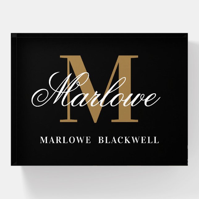 Chic Black Gold Monogram Calligraphy Paperweight (Front)