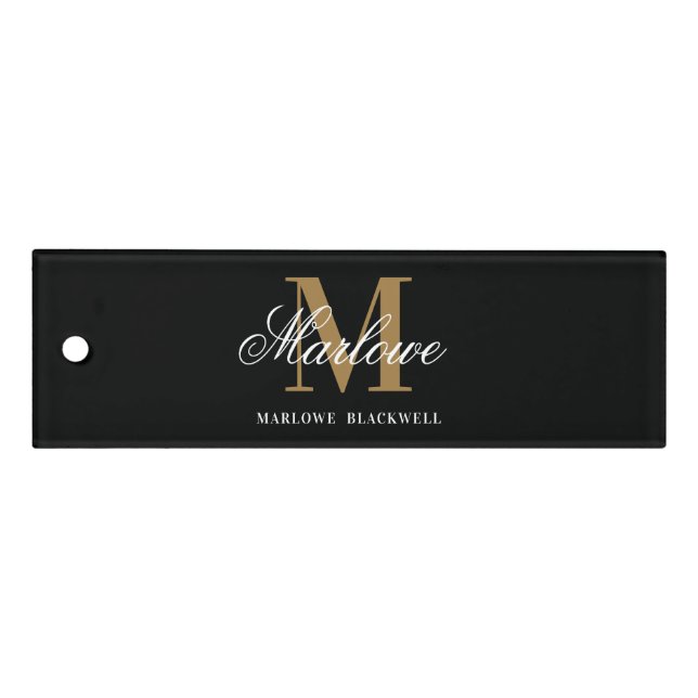 Chic Black Gold Monogram Calligraphy Ruler (Front)