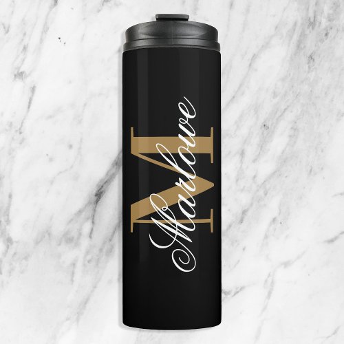 Chic Black Gold Monogram Calligraphy Thermal Tumbler