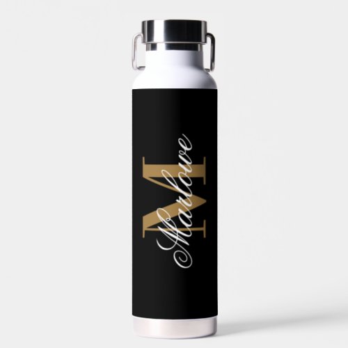 Chic Black Gold Monogram Calligraphy Water Bottle