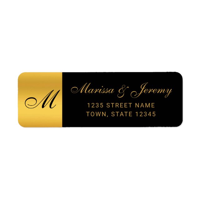 Chic Black Gold Monogram Calligraphy Wedding Label (Front)