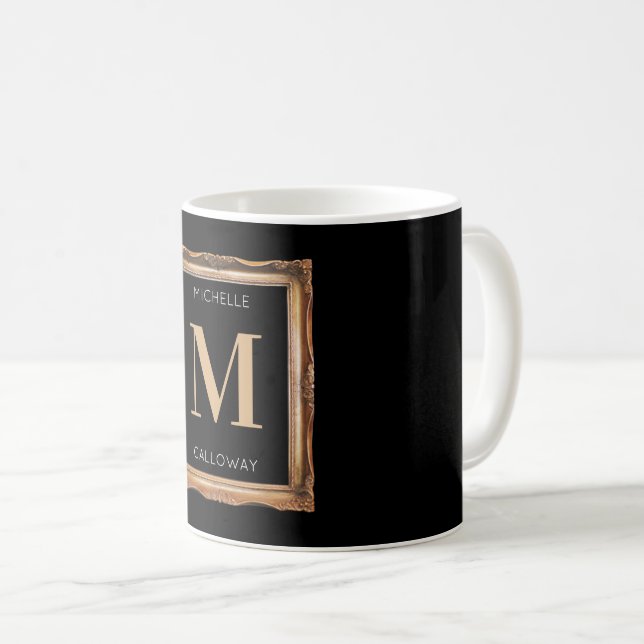 Chic Black & Gold Monogram Coffee Mug (Front Right)