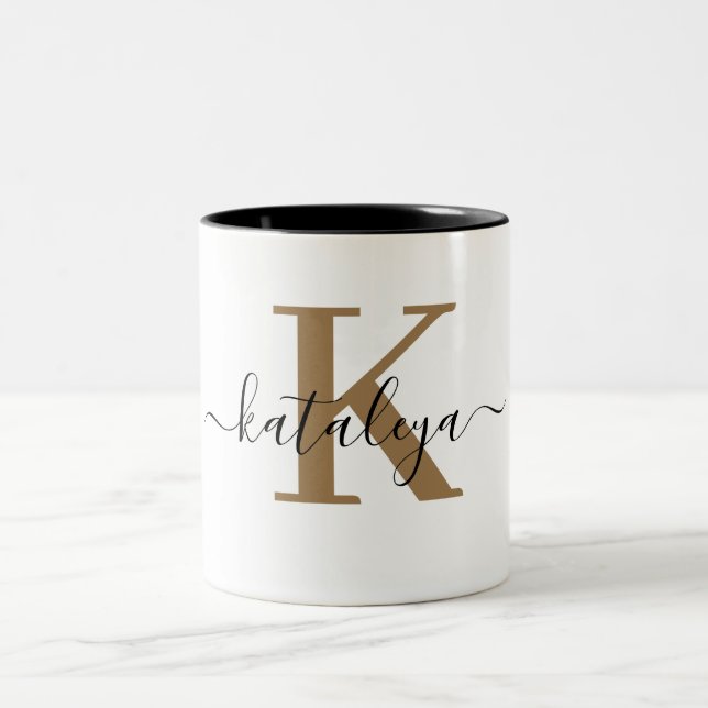 Chic Black Gold Monogram Elegant Script Name Mug (Center)