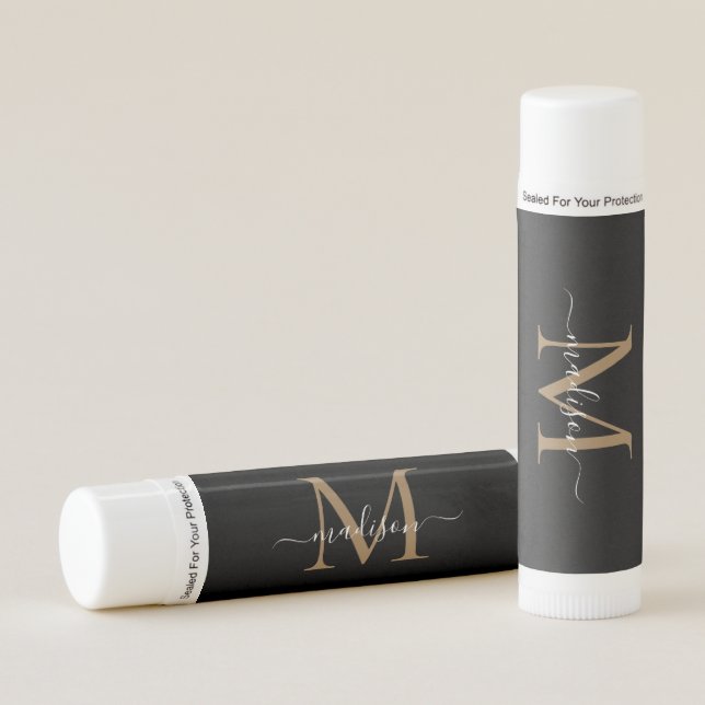 Chic Black Gold Monogram Girly Feminine Script Lip Balm (Front)