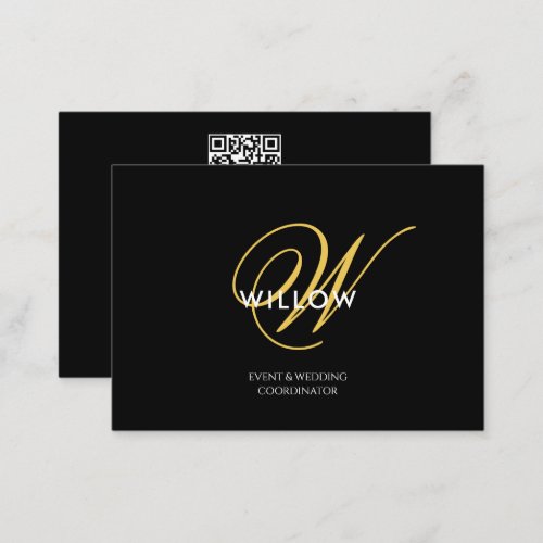 Chic Black  Gold Monogram QR Code Business Card