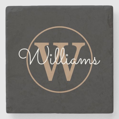 Chic Black Gold Monogram Script Name Stone Coaster