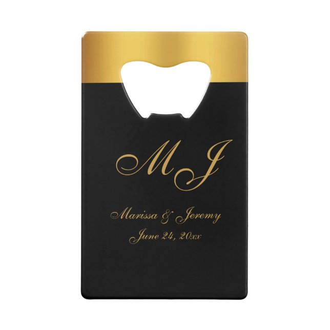 Chic Black Gold Monogram Script Wedding Credit Card Bottle Opener (Front)