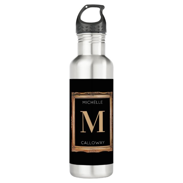 Chic Black & Gold Monogram Stainless Steel Water Bottle (Front)
