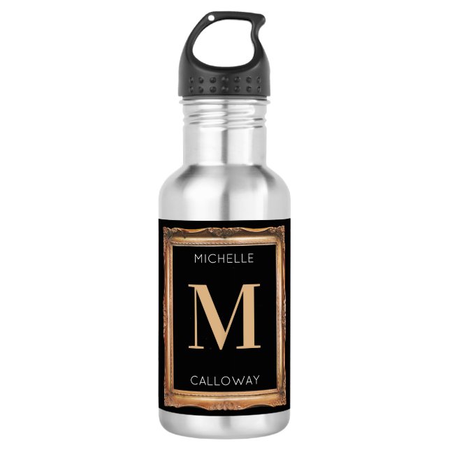 Chic Black & Gold Monogram Stainless Steel Water Bottle (Front)