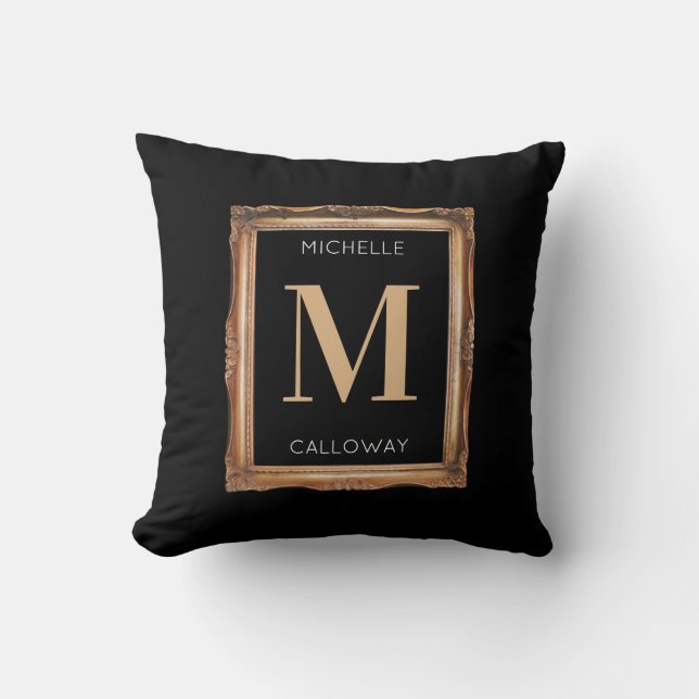 Chic Black & Gold Monogram Throw Pillow (Front)