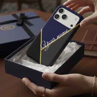 Chic Black Gold & Navy Color Block Custom Name iPhone 17 Pro Max Case