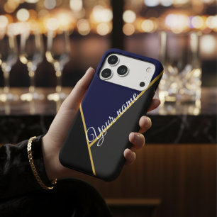 Chic Black Gold & Navy Color Block Custom Name iPhone 17 Pro Max Case