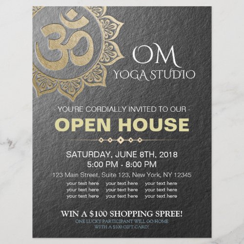 Chic Black Gold OM Mandala YOGA Studio Open House Flyer