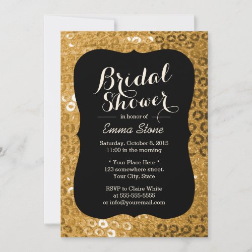 Chic Black &amp; Gold Paillettes Bridal Shower Custom Invitations