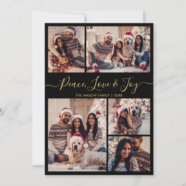 Chic Black Gold Peace Love and Joy Script 5 Photo Holiday Card (Front)