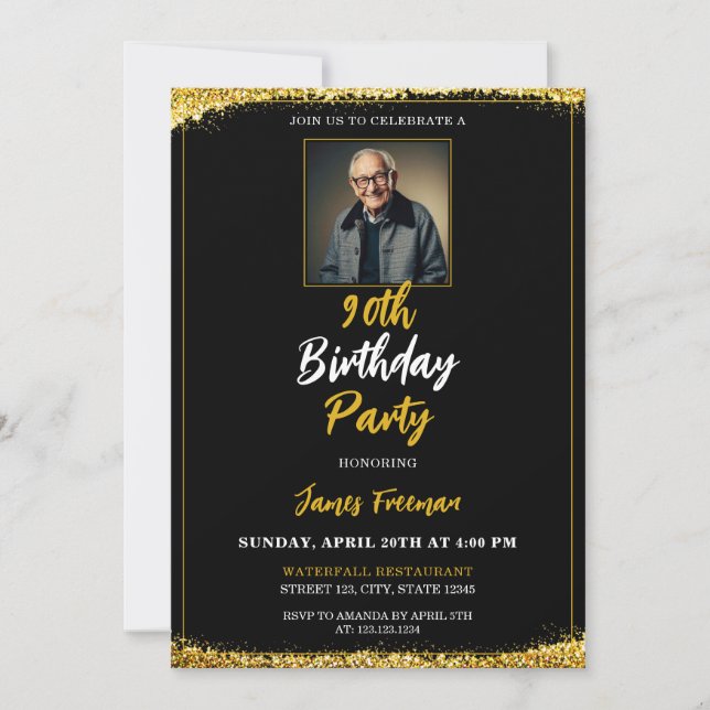 Chic Black & Gold Photo 90th Birthday Invitation (Front)