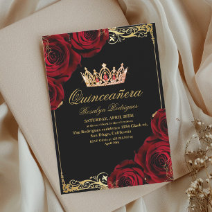 Chic Black Gold Red Rose Photo Quinceanera Foil Invitation