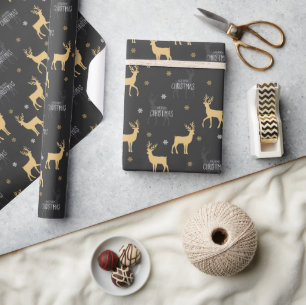 Chic Black Gold Reindeer Merry Christmas Wrapping Paper