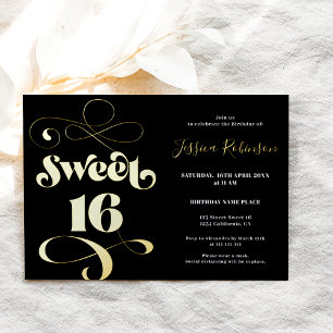 Chic black gold retro script photo Sweet 16 Foil Invitation