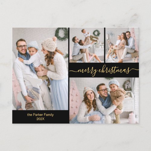 Chic Black Gold Script 5 Multiple Christmas Photo Postcard