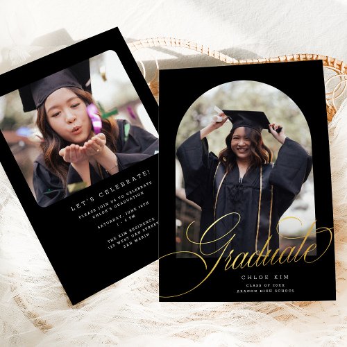 Chic Black Gold Script Arch Graduation Photo Announcement