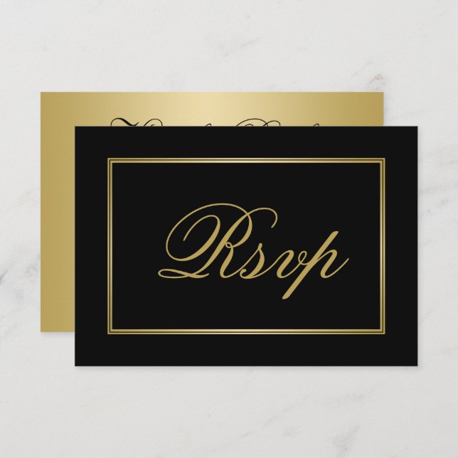 Chic Black Gold Script Calligraphy Wedding RSVP Card (Front/Back)