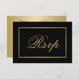 Chic Black Gold Script Calligraphy Wedding RSVP Card